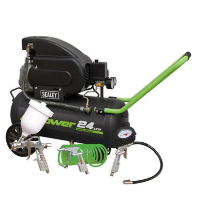 Sealey Air Power Direct Drive 24L Electric Air Compressor - 2hp Green with Accessories