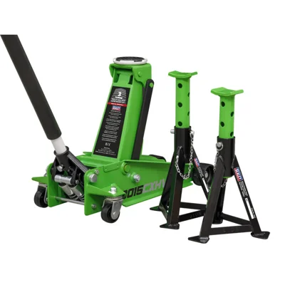 Sealey 3 Tonne Trolley Jack With Super Rocket Lift &amp; Axle Stands - Green