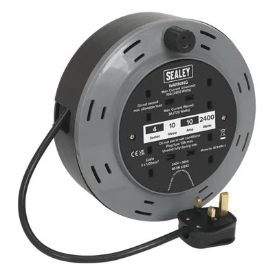 Sealey 10m Cassette Cable Reel with Thermal Trip - 4 x 230V