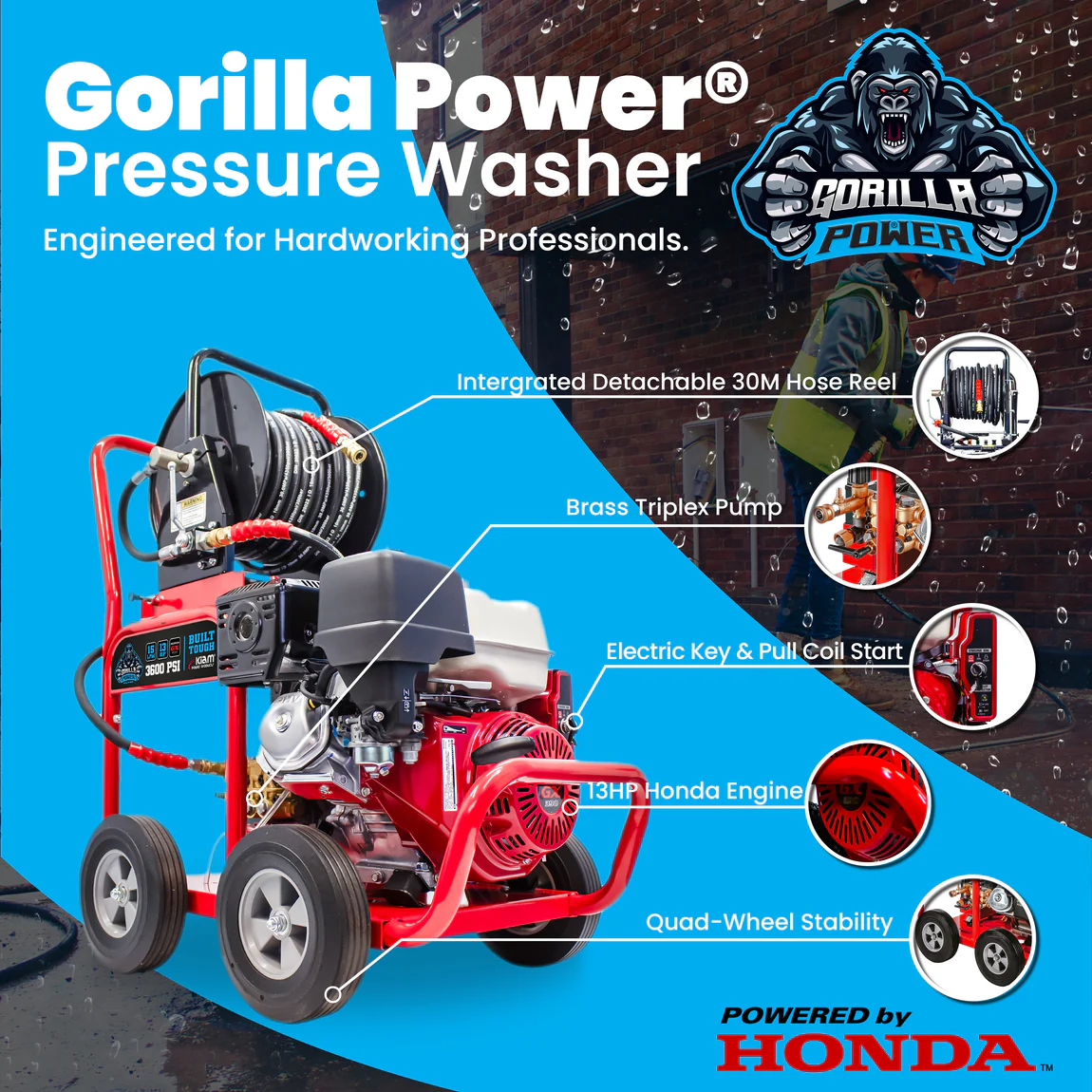 Kiam GORILLA POWER® 3600PSI 15LPM 13HP Petrol Pressure Washer Honda GX390 Engine